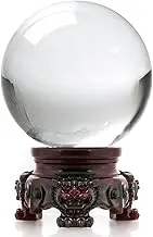Amlong Crystal 3 inch (80mm) Clear Crystal Ball with Redwood Lion Resin Stand