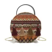 Women Polyester National Style Tassel Round Bags Shoulder Bag Yellow Colour