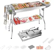 GCLCPAEN Foldable Stainless Steel Grill, Portable Grill Tool Kits, Ventilation Design, 73 x 33.5 cm Grill Area, for 5-15 People, 3 Storage Spaces, Easy to Add Charcoal, for Camping, Party, KIT1