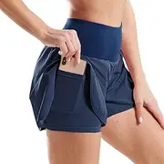 [Generic] Women's Running Shorts, Elastic High Waisted Shorts with Pocket, Gym Running Shorts with Phone Pockets, Double Layer Running Yoga Blue