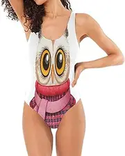 [RPLIFE] Vintage Owl with Scarf White Sports Swimsuit One Piece Swimsuit Women High Fit One Piece Swimsuit with Lining
