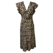 Sienna Sky Dress Leopard Print Button Down Front Midi V-Neckline Lightweight NEW