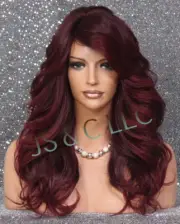 Human hair blend Full Wig Burgundy mixed Wavy Bangs Heat OK 1B-Burg WEPX