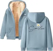 [Generic] Cute Daisy Print Thermal Sweatshirt Plus Size Fuzzy Zip Hoodies for Girls Women Sherpa Lined Preppy Y2K Hooded Coat