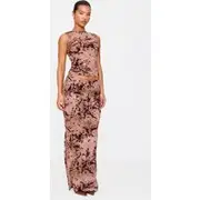 Mauve Floral Print Devore Mesh Ruched Maxi Skirt, Mauve