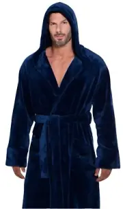 Premium Navy Blue Cotton Fleece Hooded Robe for Men, Adult XL Full Length.