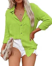 ZAAYO Women's Bamboo Cotton Linen V Neck Button Down Shirt Long/Roll Up Sleeve Casual Collared Work Blouse Top