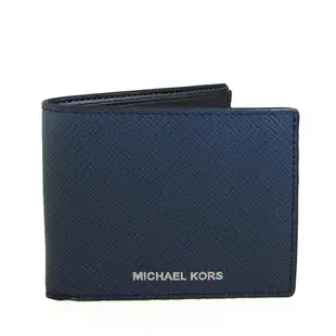 MICHAEL KORS Harrison燙銀Logo防刮皮革雙折對開式短夾(海軍藍色)