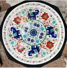 18" White Marble Table Top Coffee Center Inlay Lapis Mosaic Home Decor elephant