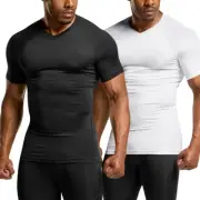 Mens Compression Base Layer Top Tight V-neck Short Sleeve Sports Shirt Cool Dry