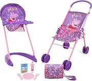 Peppa Pig: Stroll N' Feed 8pc Set - Purple, Pink, Flowers - Stroller, Highchair, Handbag, Feeding Accessories, for Dolls Up to 18", Kids Toy Ages 3+