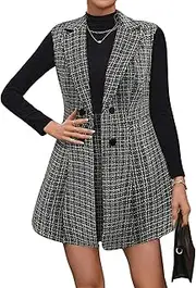 [Floerns] Women's 2 Piece Outfit Workwear Plaid Print Lapel Neck Vest Blazer and Skirt Set