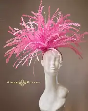 Aimee Fuller Kentucky Derby Oaks Fascinator Hat Pink Feather XL Headpiece Easter