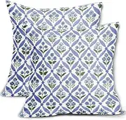 Blue Green Floral Block Print Pillow Covers 18X18 Set of 2, Flower Pattern Spring Summer Print Decorative Throw Pillow Covers Outdoor Farmhouse Seasonal Cushion Case Couch Sofa Bed Decor
