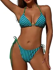 [ZAFUL] Women's Colorful Stripes Halter Flocking Textured Triangle Tie Side String Bikini Set High Cut Two Piece Bathing Suit