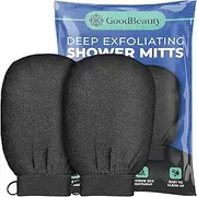 GoodBeauty 2 Pack Black Shower Exfoliating Gloves Bath Massage Scrubbing, Shower Exfoliating Mitt for Men Women Shower Body Scrub, Unclog Deep Pore Gentle Viscose Fiber (Black)