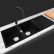 ACA 116x50CM Kitchen Sink Stone Sink Granite Laundry Basin Double Bowl Black