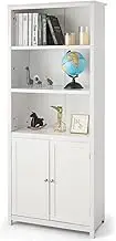 Giantex 182CM Bookcase with Doors, 3 Tier Open Book Shelving, Standing Wooden Display Bookcase with Double Doors, Ideal for Home Bedroom, Living Room, Office, Library with Doors (White)