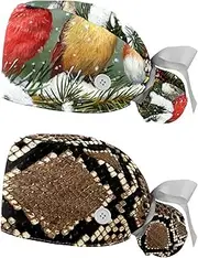 [WOSHJIUK] Working Hat 2 Pack Scrub Caps for Women,Snow Colorful Bird on The Branch,Tie Back Cap Adjustable Scrub Hat