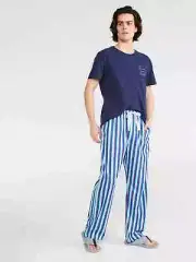 Peter Alexander Men's Long Cotton Aqua Stripe Pyjama / Lounge Pants Size M