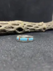 Zuni Inlay coral & sleeping beauty turquoise Sterling Silver Ring Size 10.5