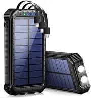 Solar Power Bank 30000mAh Built in 3 Cables, Fast Charging Portable Phone Charger,4 Outputs with Dual LED Flashlights Battery Pack for iPhone Samsung Tablet Outdoor Camping (Black)