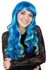 Curly Blue Womens Costume Wig with Teal Streaks