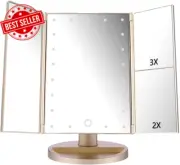 Tri-Fold Lighted Vanity Makeup Mirror with 21 LED Lights, Touch Screen and 3X/2X