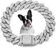 Dog Chain Collars, Diamond Necklace Metal Choke Cuban Link Dog Collar 15mm Wide, Bling Sparkly Accessories for Puppy Small Medium Large Dogs Cats Silver White(8 inch)