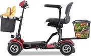 2025 Compact Folding Mobility Scooter with 24V Lithium Battery, 150KG Capacity, 35KM Range, Lightweight and Portable with Safety Features and Removable Baskets (Red with basket)