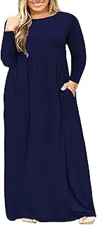 [Nemidor] Women Long Sleeve Loose Plain Casual Plus Size Long Maxi Dress with Pockets (30, Navy+Sleeve)