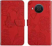 Wallet Case for Nokia X20 Case Wallet for Women Men Butterfly Embossed PU Leather Magnetic Flip Lanyard Strap with Card Holder&Kickstand Function Wallet Phone Case Red