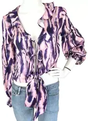 NWT Topshop Blouse Tie Front Ruffle Statement Long Sleeve Satin Pink Print XS