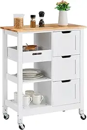 VEVOR Kitchen Island Cart, 26 inch Wood Top Mobile Breakfast Bar, Rolling Kitchen Table with 3 Drawers and Shelves, Portable Islands on Wheels, for Dining Kitchen Living Room Farmhouse, White