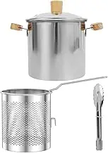 Deep Fryer Pot, 4000ml 304 Stainless Steel Deep Oil Fryer with Strainer Basket Wooden Handle Portable Small Pot Japanese Tempura Fryers for Frying Shrimp Chicken(silver,Suit 2)