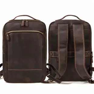 【MoonDy】復古後背包 電腦後背包 真皮背包 大容量後背包 15吋電腦包 雙拉鍊主袋 旅行包 休閒電腦包