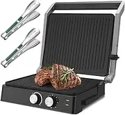 Electric Steak Grill Maker,2000W Fold-Out Sandwich Toaster,180° Extension, Non-Stick Surface, Dual Knob,Electric Grill Press Sandwich Maker for Making Breakfast Steak,Food Clip * 2