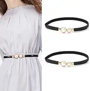 [Maaua] 2 Pcs Womens Belt Upgraded - Thin White Belt/Elastic Belts for Women,Black Womens Belts, Black Belt Gold Buckle, PU Leather Women Belt