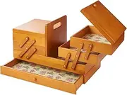 Sewing Online Wooden Cantilever Sewing Storage Box 45 x 23.5 x 28cm Stained Wood with Rosebud Design Interior by