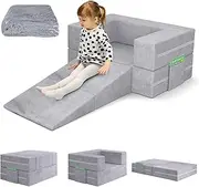 BIERUM Toddler Couch with Blanket, 3-in-1 Kids Couches and Sofas Fold Out, Convertible Sofa to Playful Slide for Girls and Boys, Extra Softer Kids Sofa Chair for Bedroom Playroom