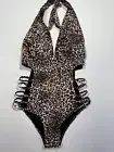 Tempt Me Women Plunge V Neck One Piece Swimsuits Halter Bathing Suit Print Sz S