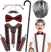 [Matiniy] 100 Day of School Cosplay Costume Kit Including Red Bow Tie Suspender Cane Glasses for Kids Party Accessories Supplies