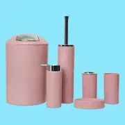 6PCS Bathroom Accessories Set Tumbler, Toothbrush Holder, Lotion Dispenser, Soap Dish, Trash Can, Toilet Brush pink