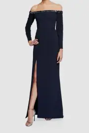 $440 Aidan Mattox Women's Blue Embellished Off-the-Shoulder Gown Dress Size 0