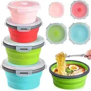 Suclain 4 Pcs Camping Bowl with Lid Collapsible Silicone Bowl Lunch Box Salad Bowl Expandable Food Storage Container Set Folding Travel Bowl for Hiking Heat (Red, Pink, Blue, Green,17, 12, 41, 27 oz)