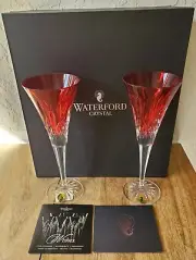 New WATERFORD Crystal Glasses CRIMSON RED Champagne Wine Flutes 2pc & Case Box