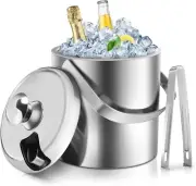 Double-Wall Stainless Steel Insulated Ice Bucket With Lid & Ice Tong 1.2 L