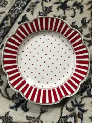 Grace Teaware Holidays Gold Trim Red Stripes Scallop Salad Plates S4 ~New~