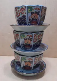 在飛比找露天拍賣優惠-日本淺田窯青花彩繪 八角茶杯組- 3杯 3 盤合售