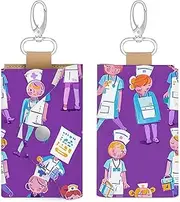 [Dwrepo] Nurse Pattern Purple Leather Key Case Key Holder Keychain Card Holder with 6 Hooks Wallet Pouch for Men Women, White